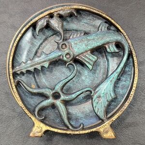 Vintage Dayagi Brass  Swordfish & Starfish  (6) Coaster Set W Verdigris Patina